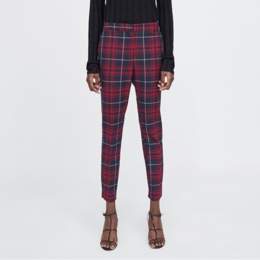 Zara Basic Plaid Jogger Waist Ankle Pants in Red Navy Size US XL.